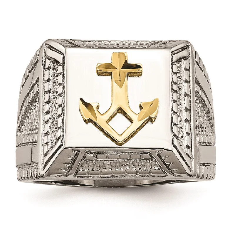 personalized rings for women -Stainless Steel Polished Yellow IP-plated w/ Sterling Silver Anchor Ring | SR471