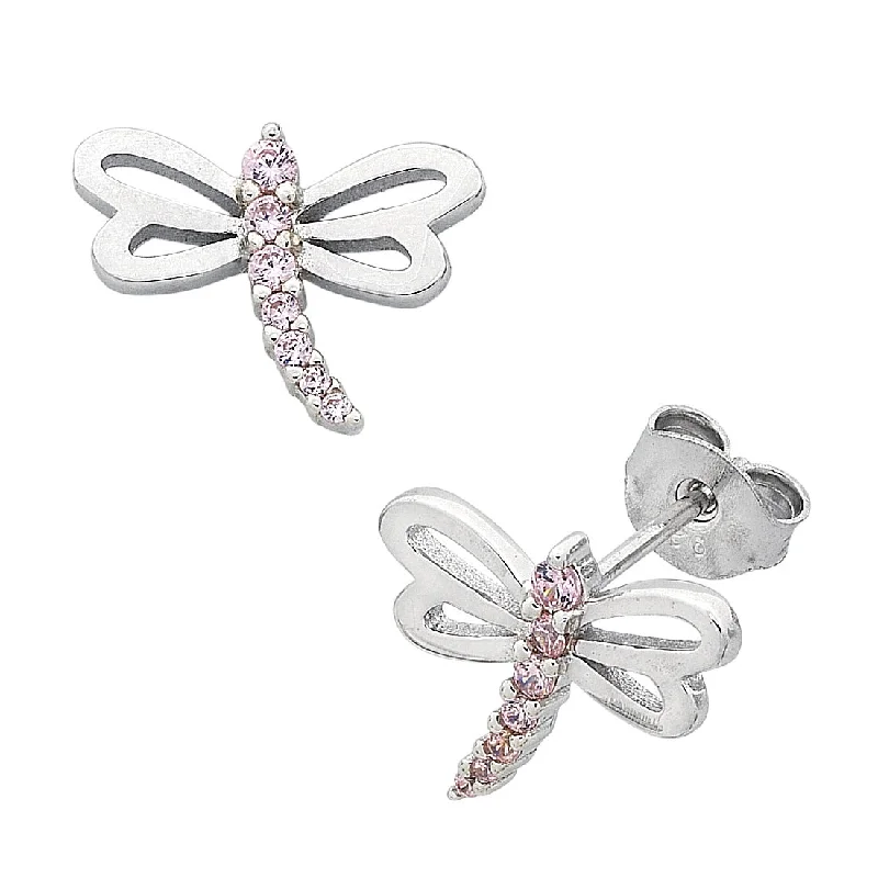 evening earrings for women -Children's Sterling Silver Pink Cubic Zirconia Dragonfly Earrings