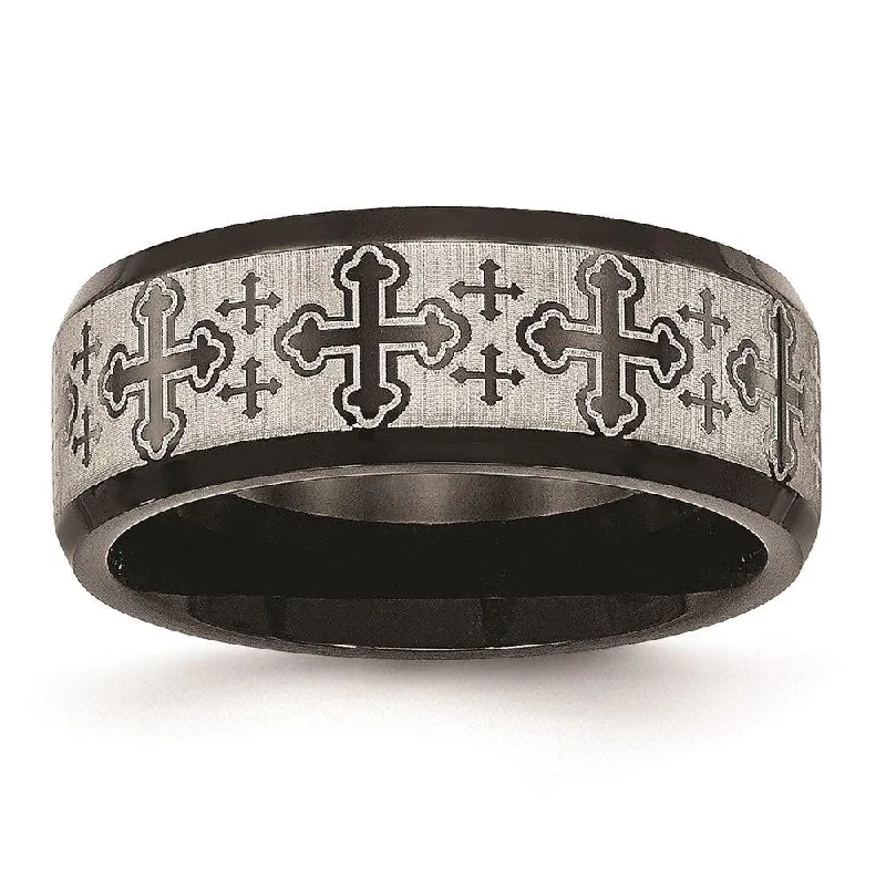 promise rings for her -Stainless Steel Brushed/Polished Black IP Laser Etched Pattern Ring