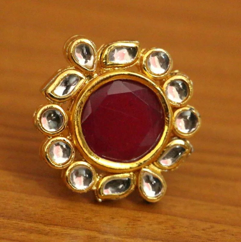 minimalist wedding rings for women -RUBY COLOUR GOLD PLATED KUNDAN POLKI RING