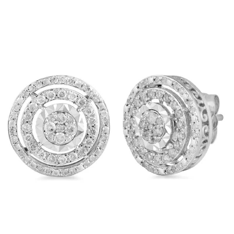 stud earrings for women -Solitaire Look Double Halo Earrings with 0.08ct of Diamonds in Sterling Silver