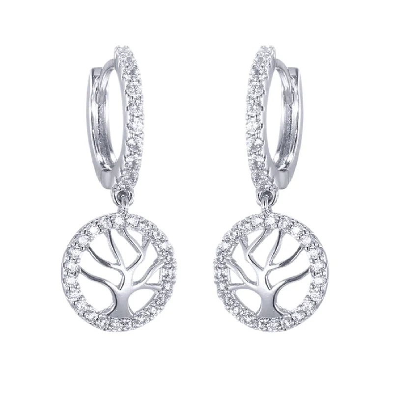 dangle earrings for women -Sterling Silver Cubic Zirconia Tree of Life Drop Earrings