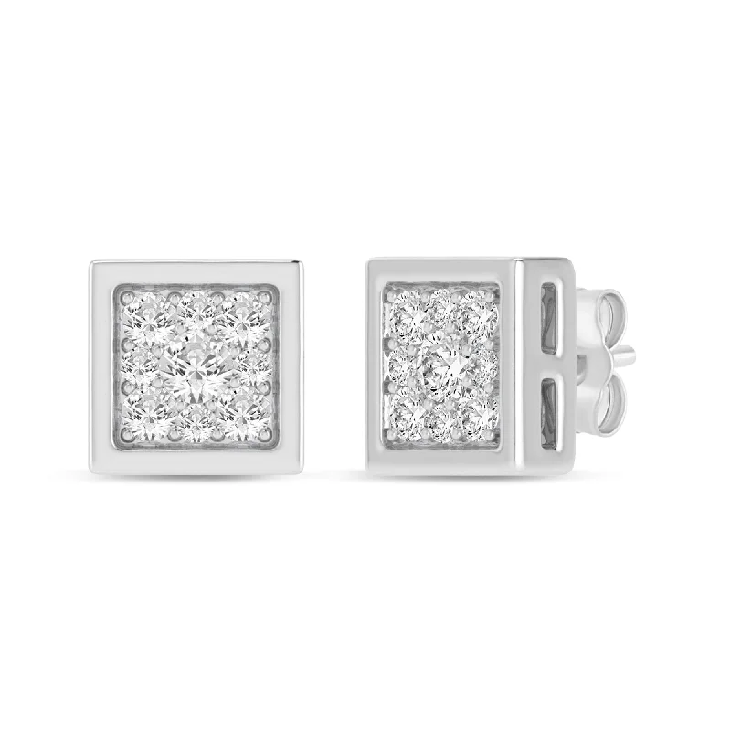 chunky earrings for women -Surround Square Look Stud Earrings with 1/4ct of Diamonds in 9ct White Gold