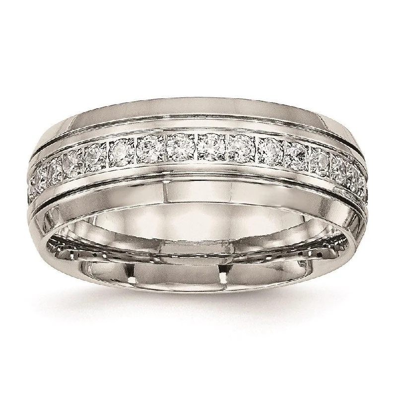 elegant engagement rings -Stainless Steel Polished Half Round Grooved CZ Ring