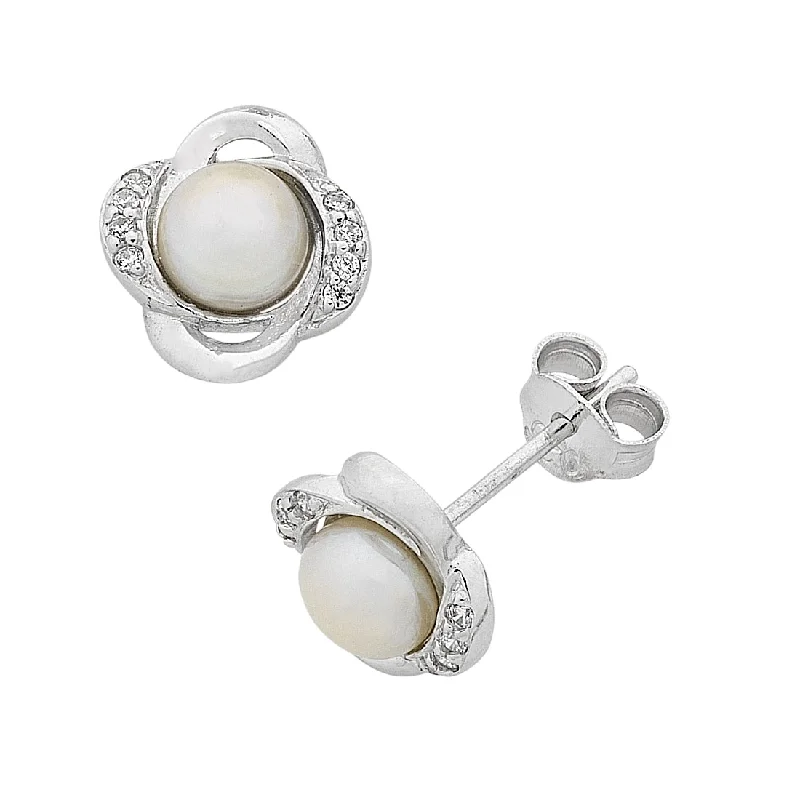 casual earrings for women -Sterling Silver Fresh Water Pearl & Cubic Zirconia Stud Earrings