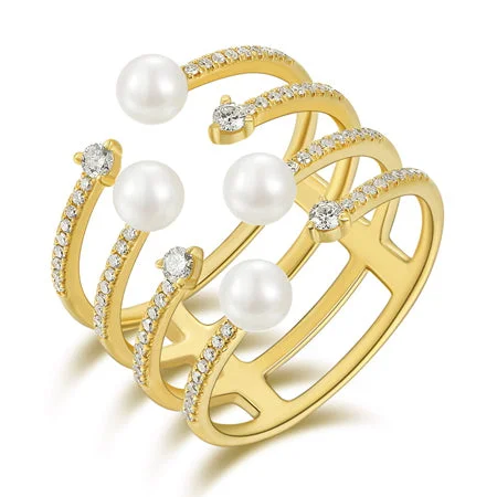 simple gold rings for women -14K GOLD DIAMOND PEARL CAMILA RING