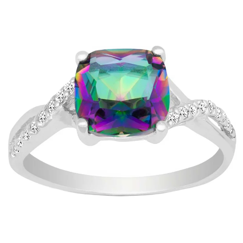 statement rings for women -Classic Women's Silver Square Rainbow CZ Ring - W-9863