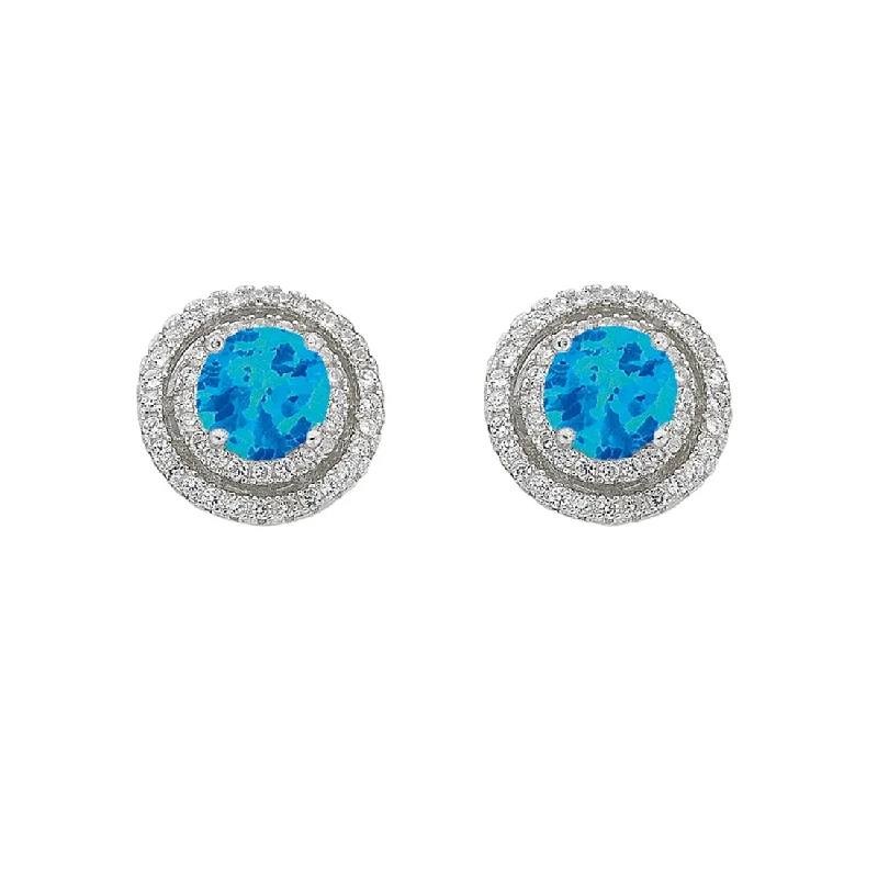 statement earrings for women -December Birthstone Sterling Silver Synthetic Blue Opal & Cubic Zirconia Halo Earrings