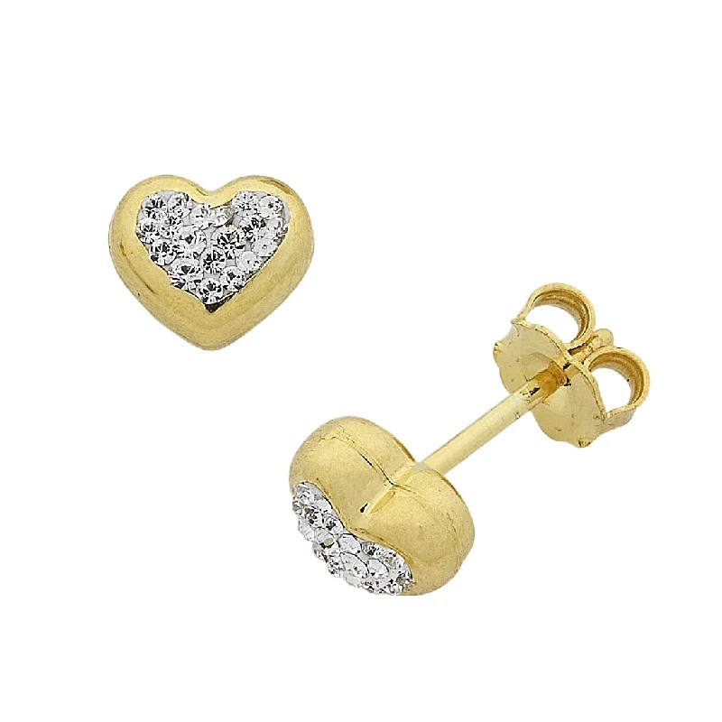 handmade earrings for women -9ct Yellow Gold Silver Infused Crystal Puff Heart Stud Earrings