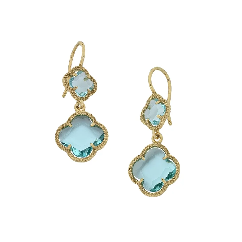 gold earrings for women -9ct Yellow Gold Double 4 Leaf Clover Blue Stone Drop Earrings