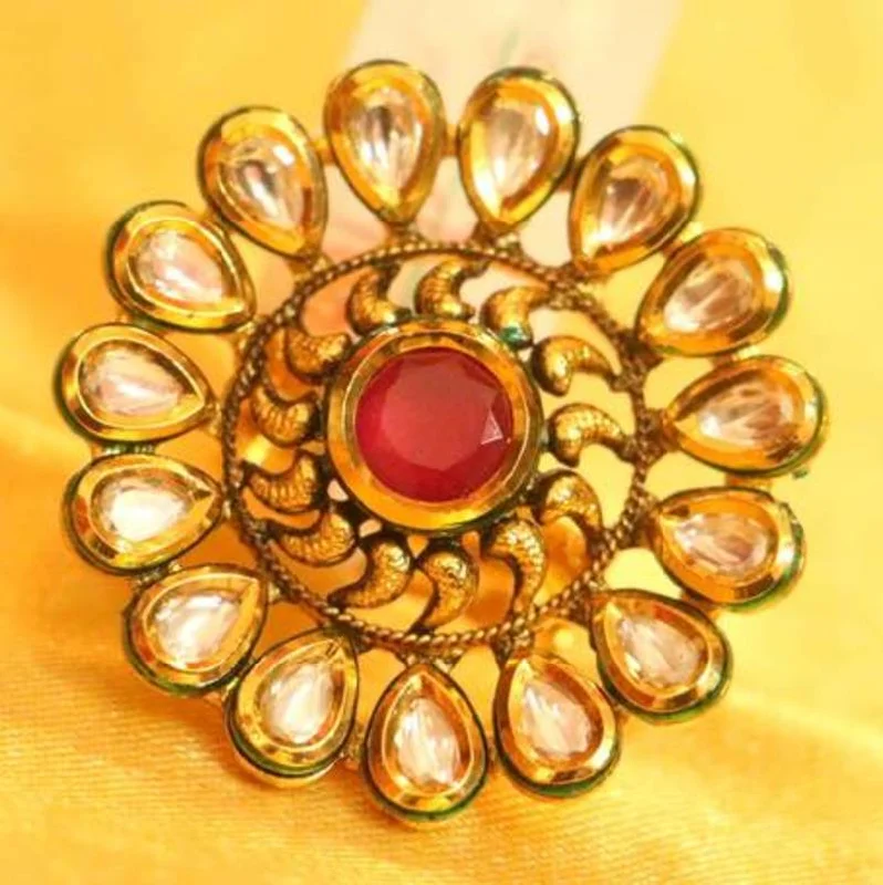 gemstone wedding rings -RUBY COLOUR KUNDAN POLKI COCKTAIL RING