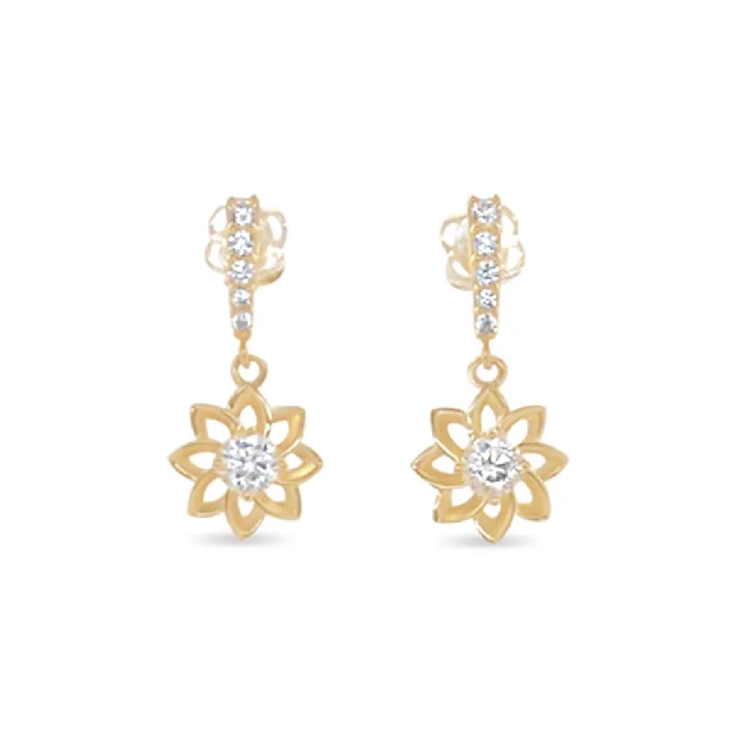 chic earrings for women -Flower Drop Earrings with Cubic Zirconia in 9ct Yellow Gold