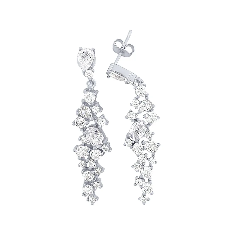 evening drop earrings for women -44mm Sterling Silver Waterfall Drop Stud Earrings with Cubic Zirconia