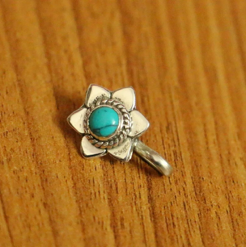 eternity bands for women -Turquoise Sterling Silver Flower Pattern Nose Ring