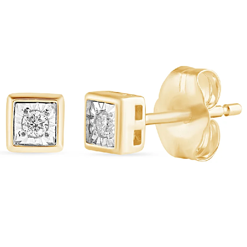 geometric earrings for women -Diamond Set Cushion Shape Stud Earrings in 9ct Yellow Gold