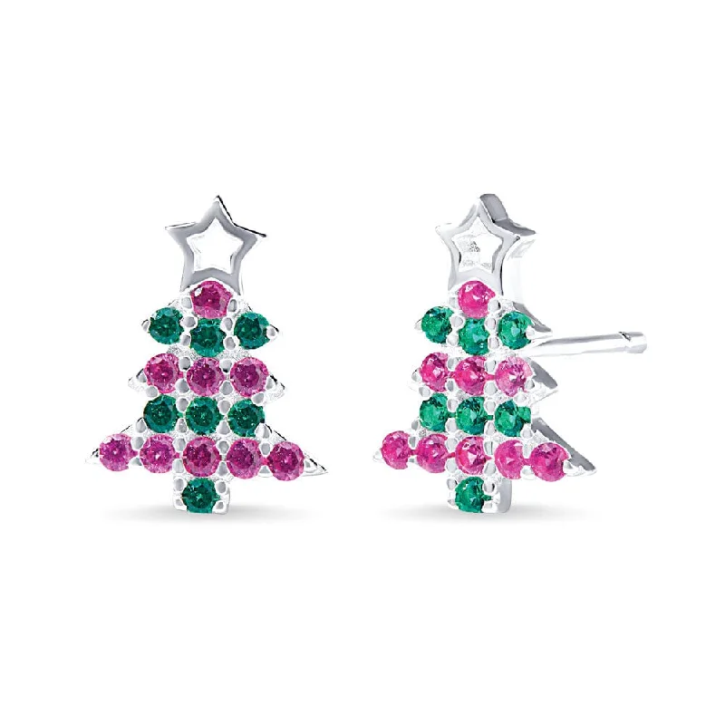 evening earrings for women -Christmas Tree Stud Earrings with Red and Green Cubic Zirconia in Sterling Silver