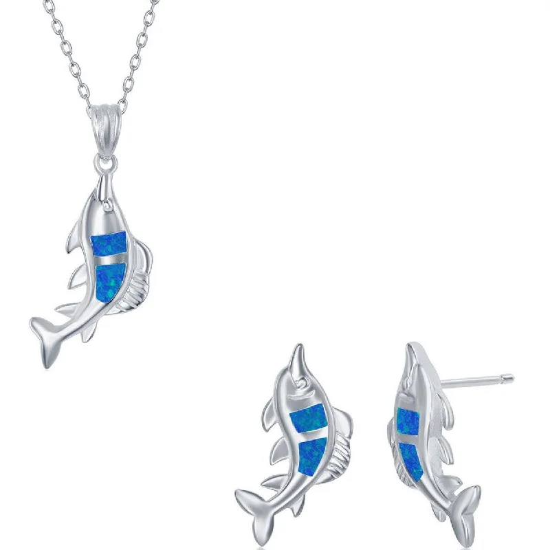 sterling silver necklaces for women -Opalata Women's Necklace and Earrings Set - Sterling Blue Inlay Opal Fish | SET-580