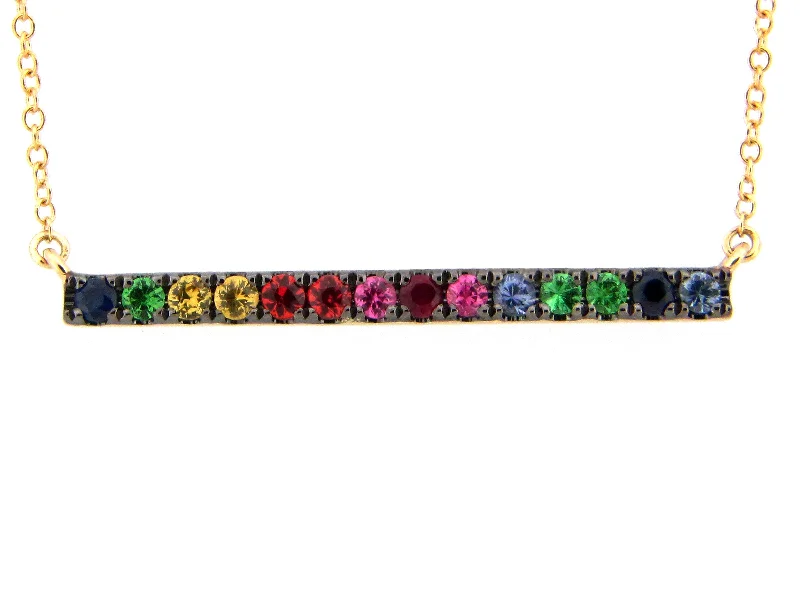 double chain necklaces for women -14KYG 0.87CTW BR RAINBOW SAPPHIRE, RUBY AND TSAVORITE BAR NECKLACE