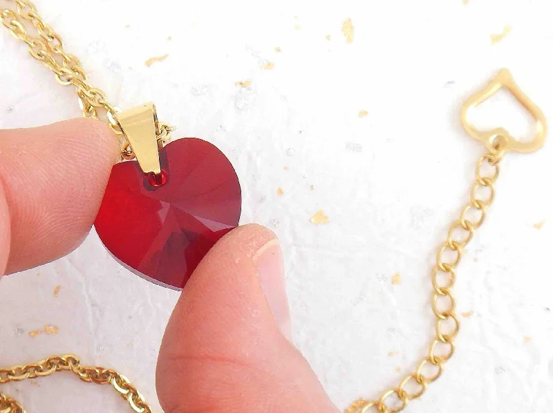 personalized gold necklaces for women -16-inch necklace with 20mm deep red faceted crystal heart pendant, regular or gold-toned stainless steel chain