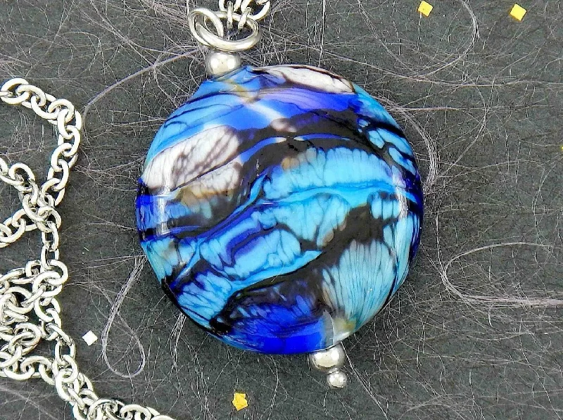 statement necklaces for women -29-inch necklace with Murano glass round pendant marbled in dark blue, turquoise, black and white, stainless steel chain