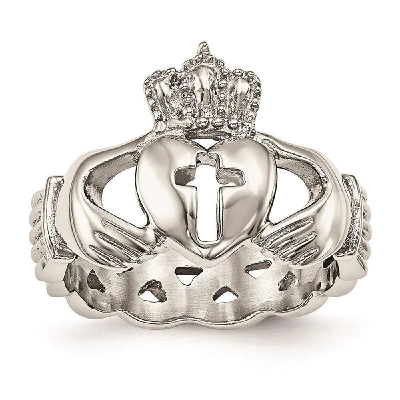 eternity wedding rings -Stainless Steel Polished Claddagh with Cross Ring