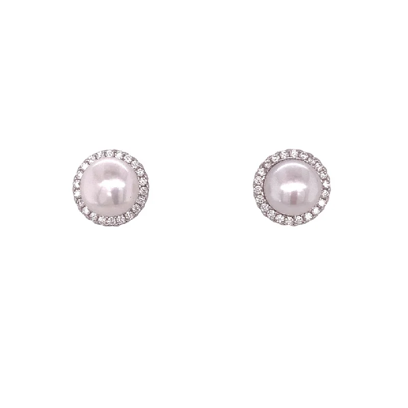 clip-on earrings for women -Sterling Silver Shell Pearl Cubic Zirconia Earrings