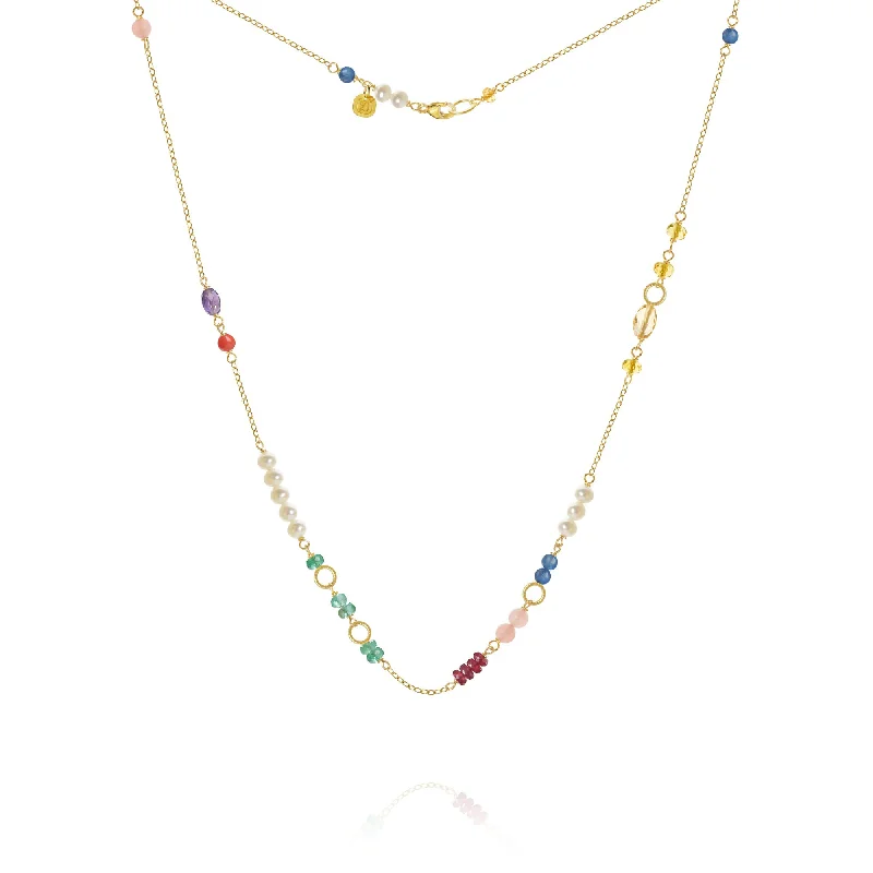 dainty silver necklaces for women -Piccolo Bloom 18K Gold Necklace, 43 cm w. Emerald, Ruby, Quartz, Kyanite, Pearl, Citrin, Coral & Amethyst