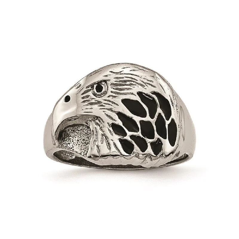 classic wedding rings for women -Stainless Steel Polished Black Enameled Eagle Ring