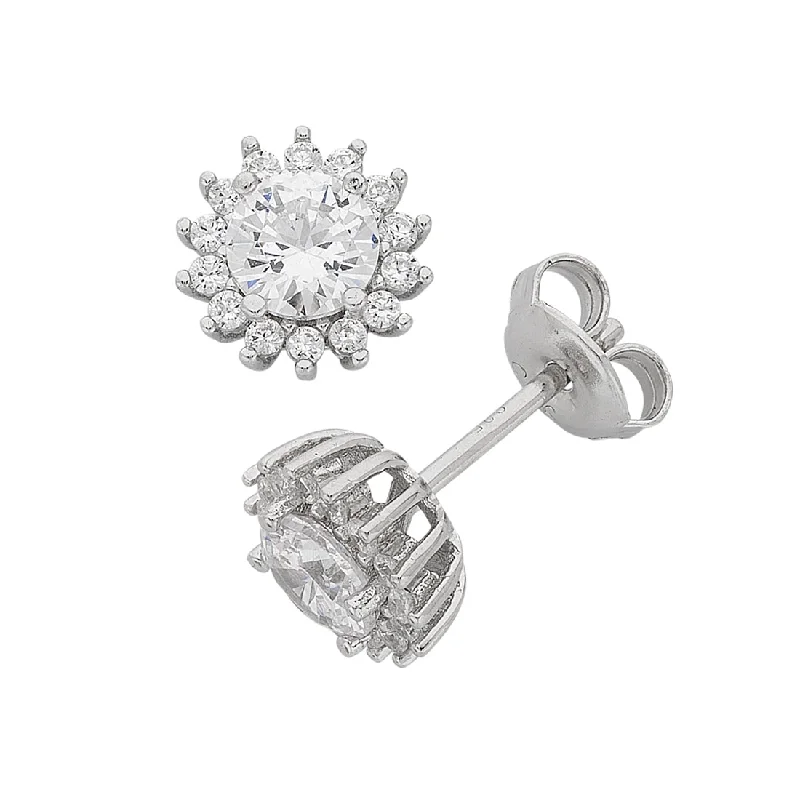 handmade earrings for women -Sterling Silver Cubic Zirconia Flower Halo Cluster Stud Earrings