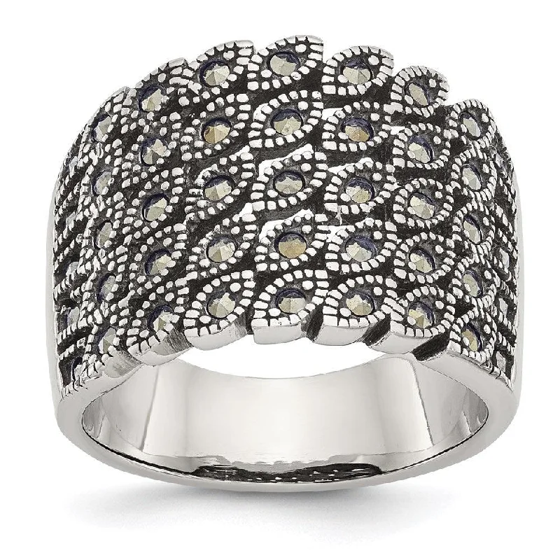 statement diamond rings -Stainless Steel Polished and Antiqued Marcasite Ring