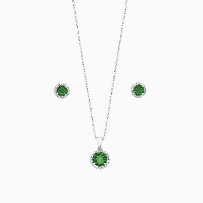 gold earrings for women -Sterling Silver with Dark Green and White Cubic Zirconia Earrings and Necklace 45cm Set