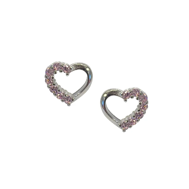 statement drop earrings for women -Silver Pink Cubic Heart Stud Earrings