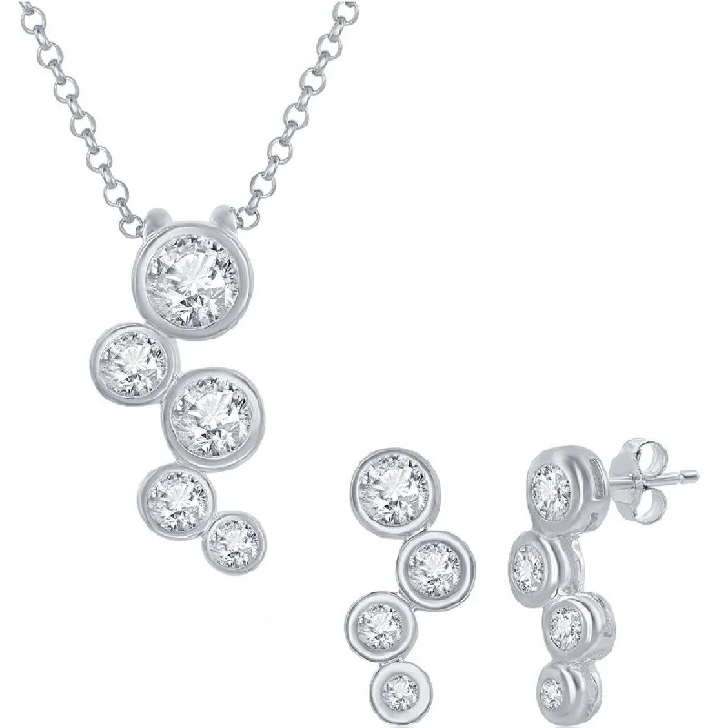 pearl drop necklaces for women -Classic Women's Necklace and Earrings Set - White CZ Stone Bubble Silver | HS-4092