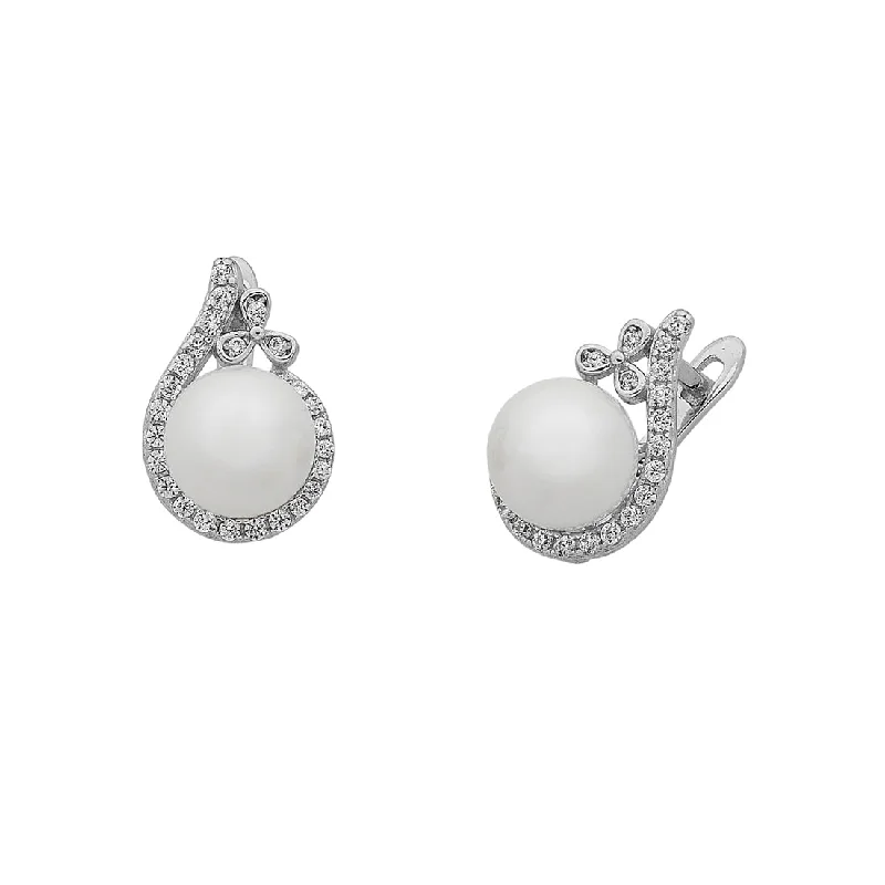 stylish gemstone earrings for women -Sterling Silver Created Pearl and Cubic Zirconia Stud Earrings