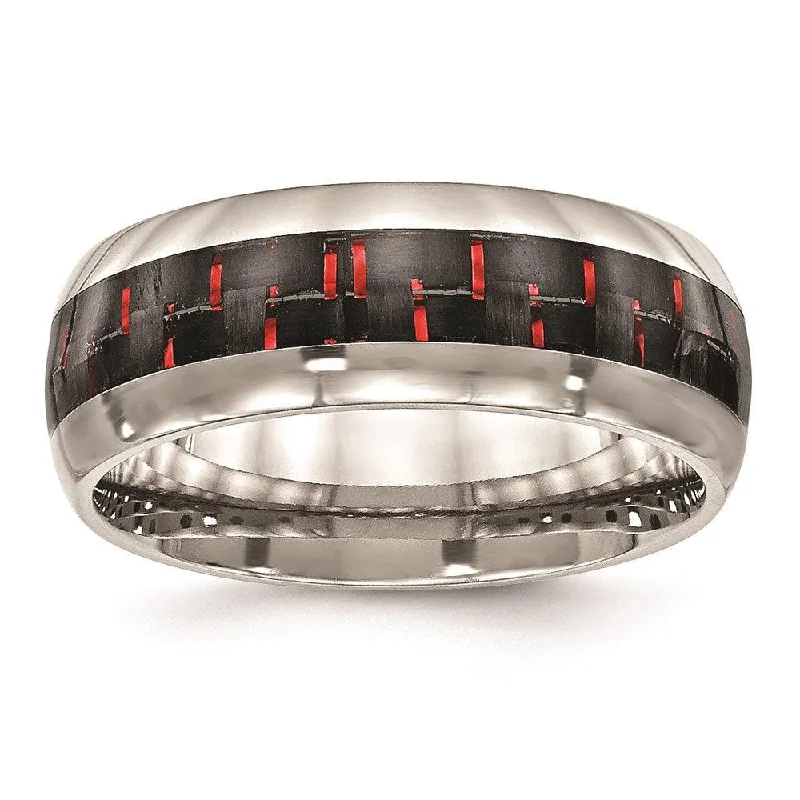 luxury rings for women -Stainless Steel Polished Black/Red Carbon Fiber Inlay Ring