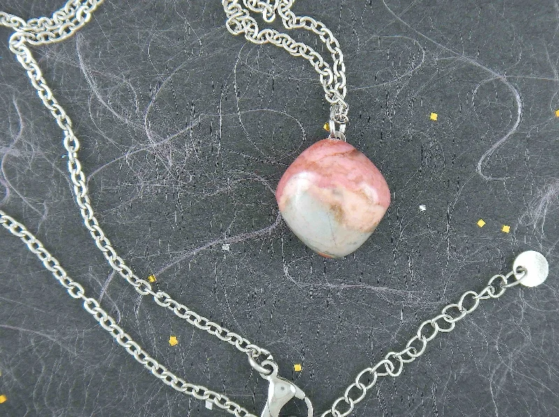 zodiac necklaces for women -16-inch necklace with pink and gray rhodonite stone nugget pendant, stainless steel chain