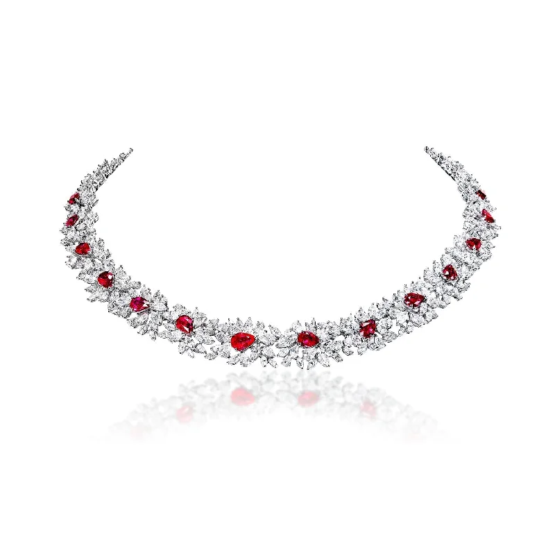 elegant necklaces for women -Briana 43 Carats Red Pear Shape Ruby Diamond Necklace