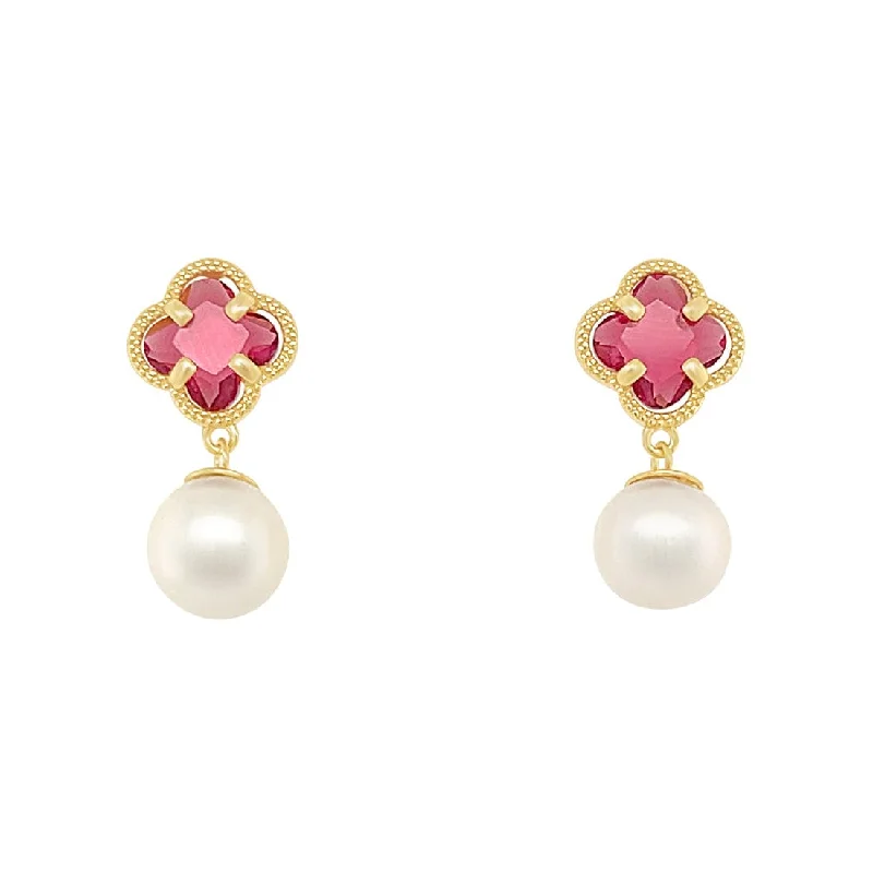 big hoop earrings for women -Red Clover and Pearl Stud Earrings in 9ct Yellow Gold Silver Infused