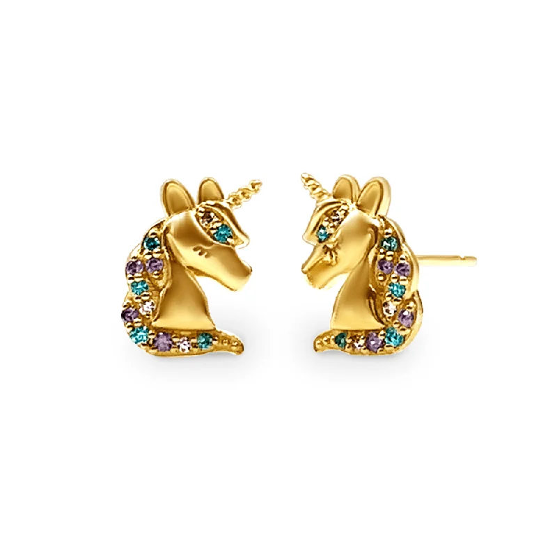 dangling pearl earrings for women -Mini Unicorn Stud Earrings with Cubic Zirconia in 9ct Yellow Gold