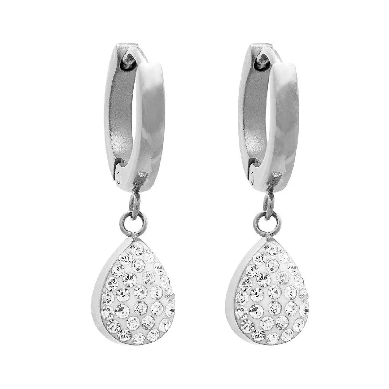 big statement earrings for women -Crystal Puff Pear Hoop Drop Earrings in Stainless Steel