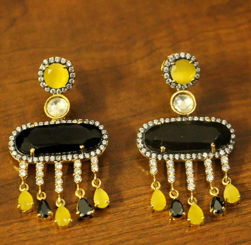 chic silver earrings for women -Black American Diamonds Onyx Yellow Gold Danglers Drops