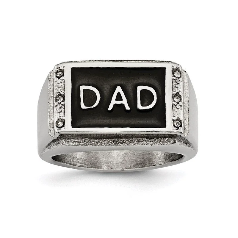 thin wedding bands for women -Stainless Steel Polished Black Enameled CZ Dad Ring