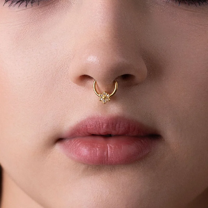 titanium rings for women -Tiny Flower Septum Ring, Nose Ring, Daith Ring, Hinged Clicker Hoop, 16ga 8mm or 10mm, Unisex, Surgical Steel, SHEMISLI SH662, SH663