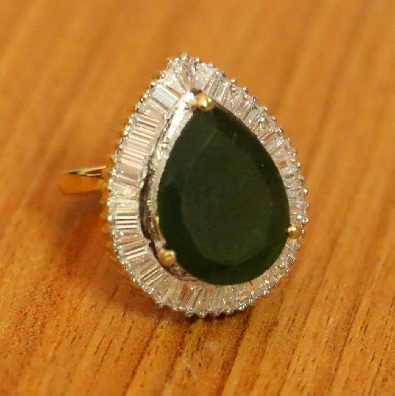 eternity rings for women -DARK GREEN CZ STUDDED PEAR SHAPED ADJUSTABLE RING