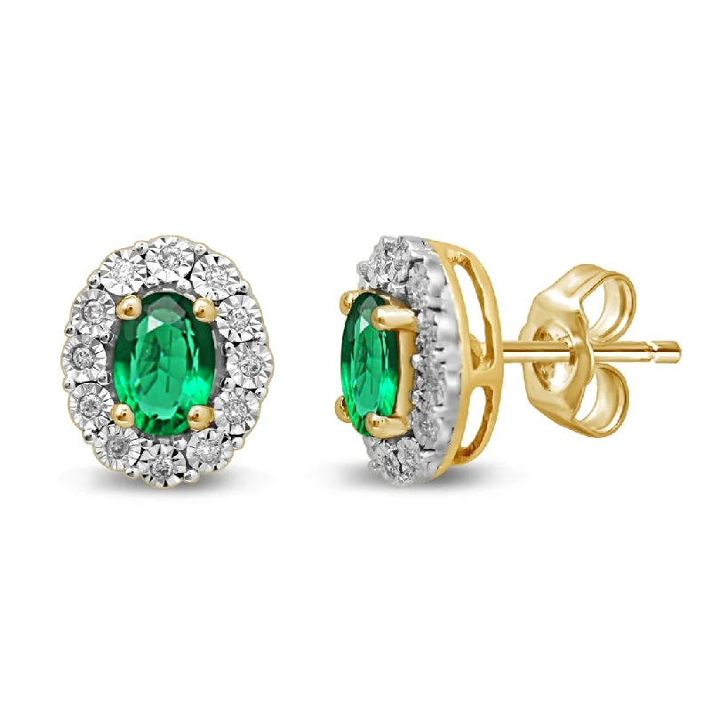 rhinestone earrings for women -9ct Yellow Gold Created Emerald & Diamond Earrings