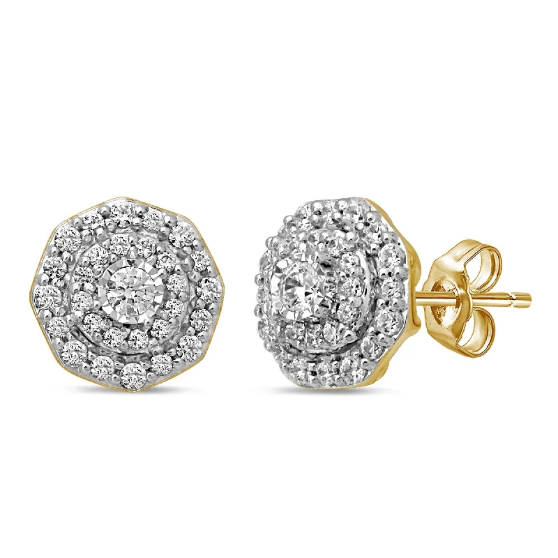 romantic earrings for women -Brilliant Illusion Halo Earrings with 1/2ct of Diamonds in 9ct Yellow Gold