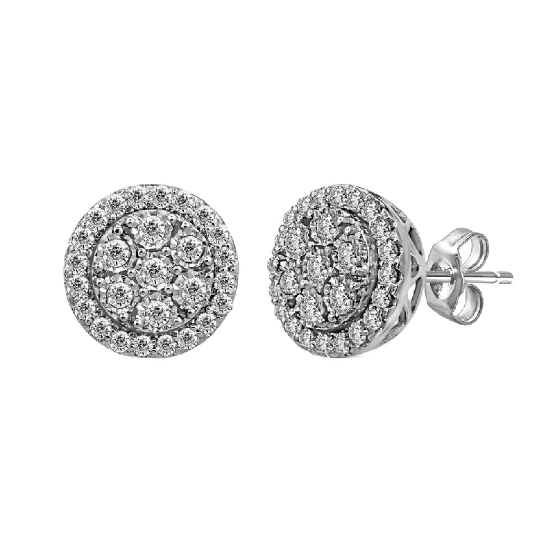 trendy statement earrings for women -Sterling Silver 1.00ct of Diamond Halo Stud Earrings