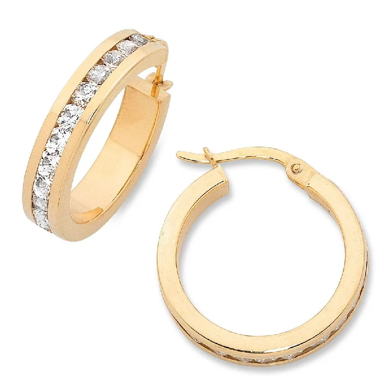 modern earrings for women -10mm Channel Cubic Zirconia Hoop Earrings in 9ct Yellow Gold Silver Infused