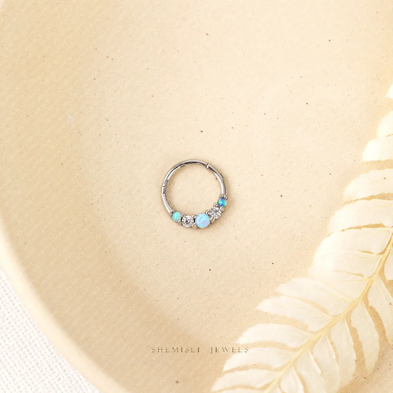 sapphire wedding rings -Opal and White Stone Daith Ring, Hinged Clicker Hoop, 16ga 8 or10mm, Unisex, Surgical Steel, SHEMISLI SH632, SH633