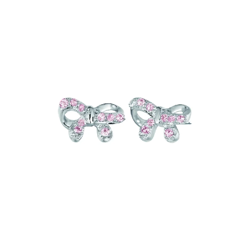 dangle earrings for women -Children's Sterling Silver Pink Cubic Zirconia Bow Earrings